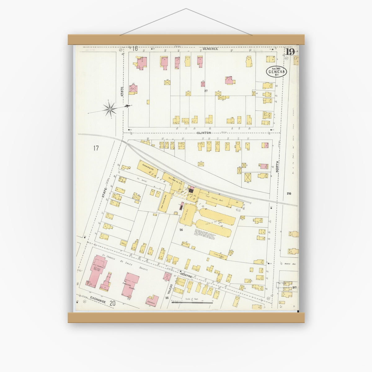 Old map wall art mockup — magnetic wood frame on white wall — Sanborn Fire Insurance Map from Geneva, Ontario County, New York (1903), Sheet #0019