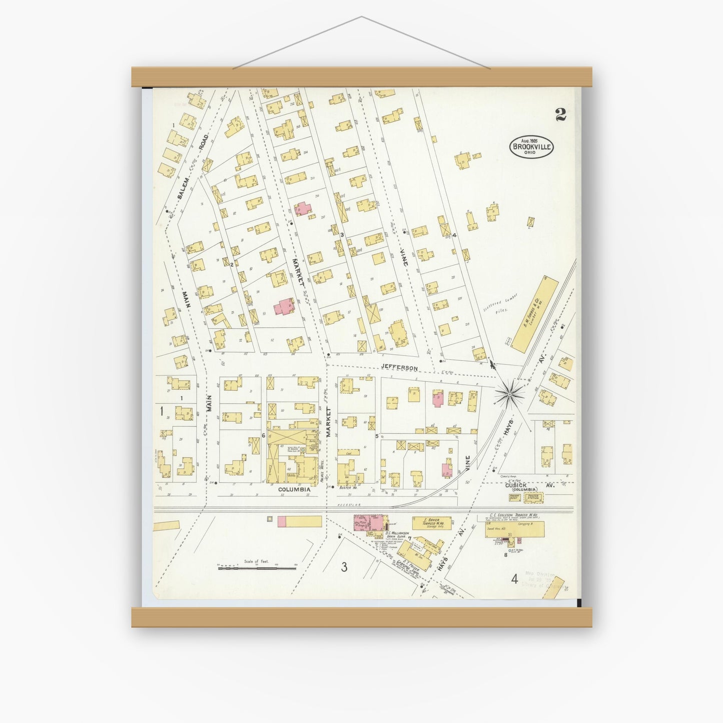 Old map wall art mockup — magnetic wood frame on white wall — Sanborn Fire Insurance Map from Brookville, Montgomery County, Ohio (1905), Sheet #0002