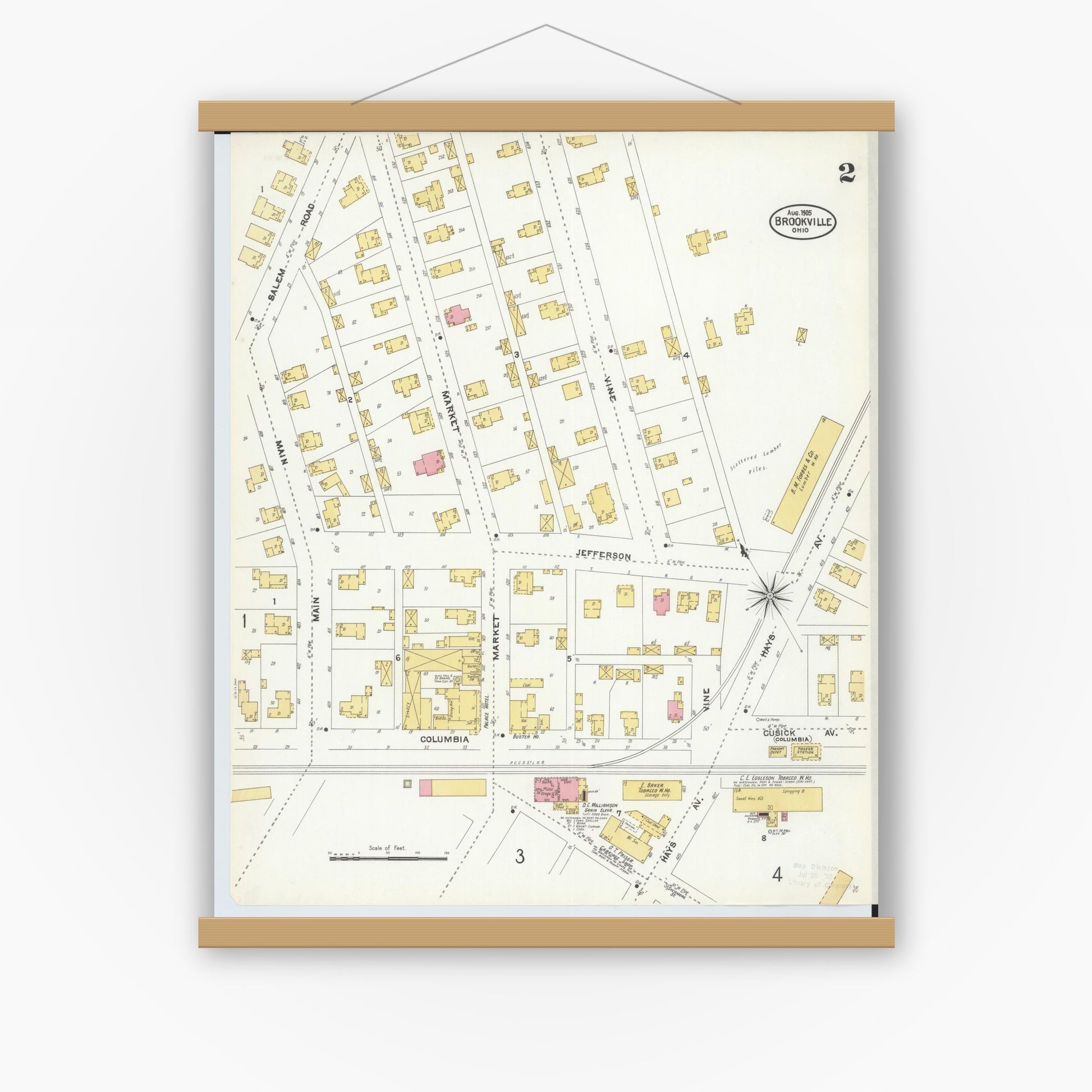 Old map wall art mockup — magnetic wood frame on white wall — Sanborn Fire Insurance Map from Brookville, Montgomery County, Ohio (1905), Sheet #0002