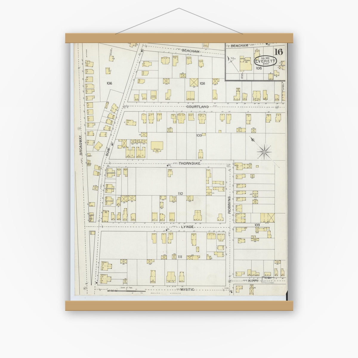 Old map wall art mockup — magnetic wood frame on white wall — Sanborn Fire Insurance Map from Everett, Middlesex County, Massachusetts (1892), Sheet #0016