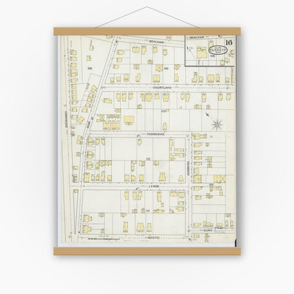 Old map wall art mockup — magnetic wood frame on white wall — Sanborn Fire Insurance Map from Everett, Middlesex County, Massachusetts (1892), Sheet #0016