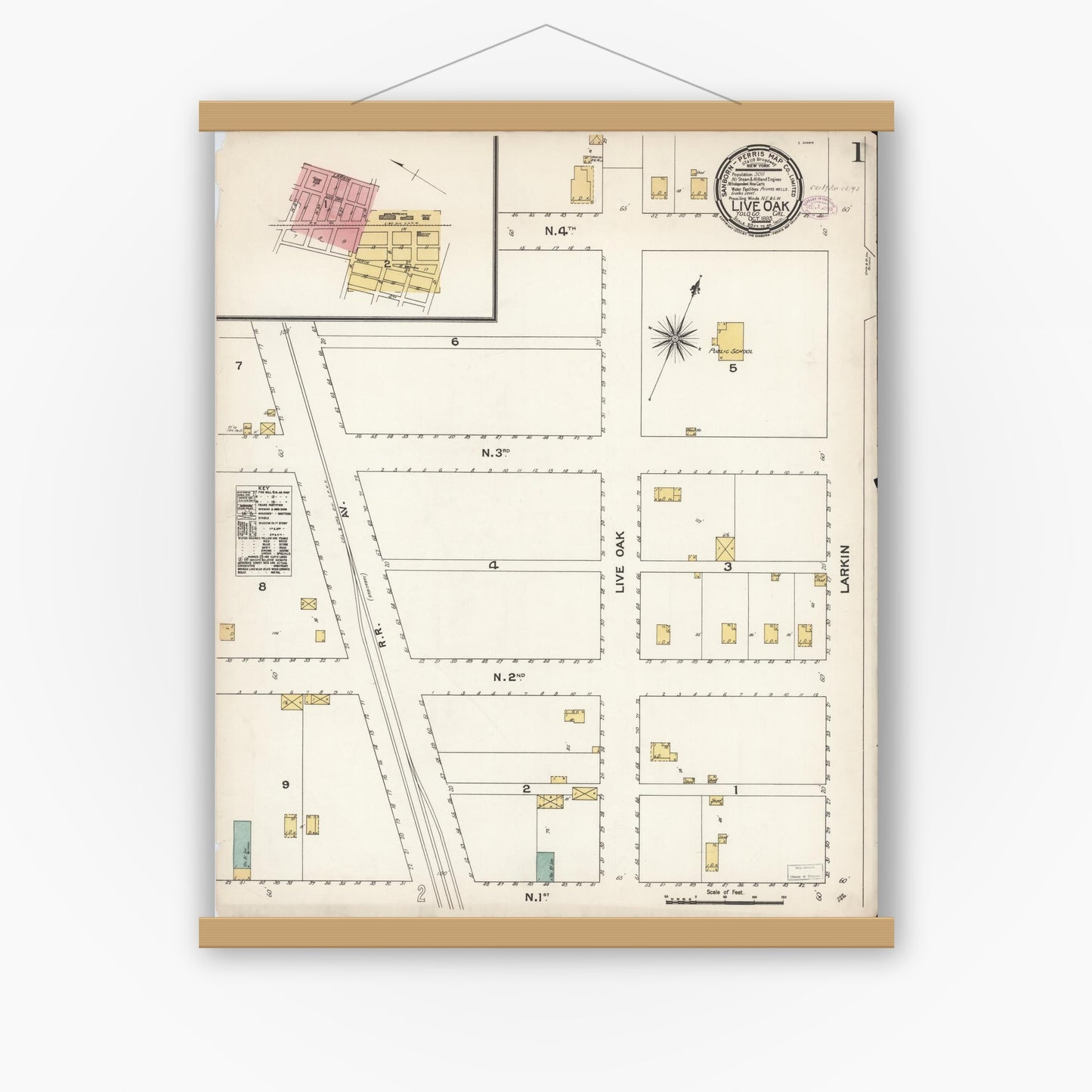 Old map wall art mockup — magnetic wood frame on white wall — Sanborn Fire Insurance Map from Live Oak, Sutter County, California (1893) - Complete Map Set