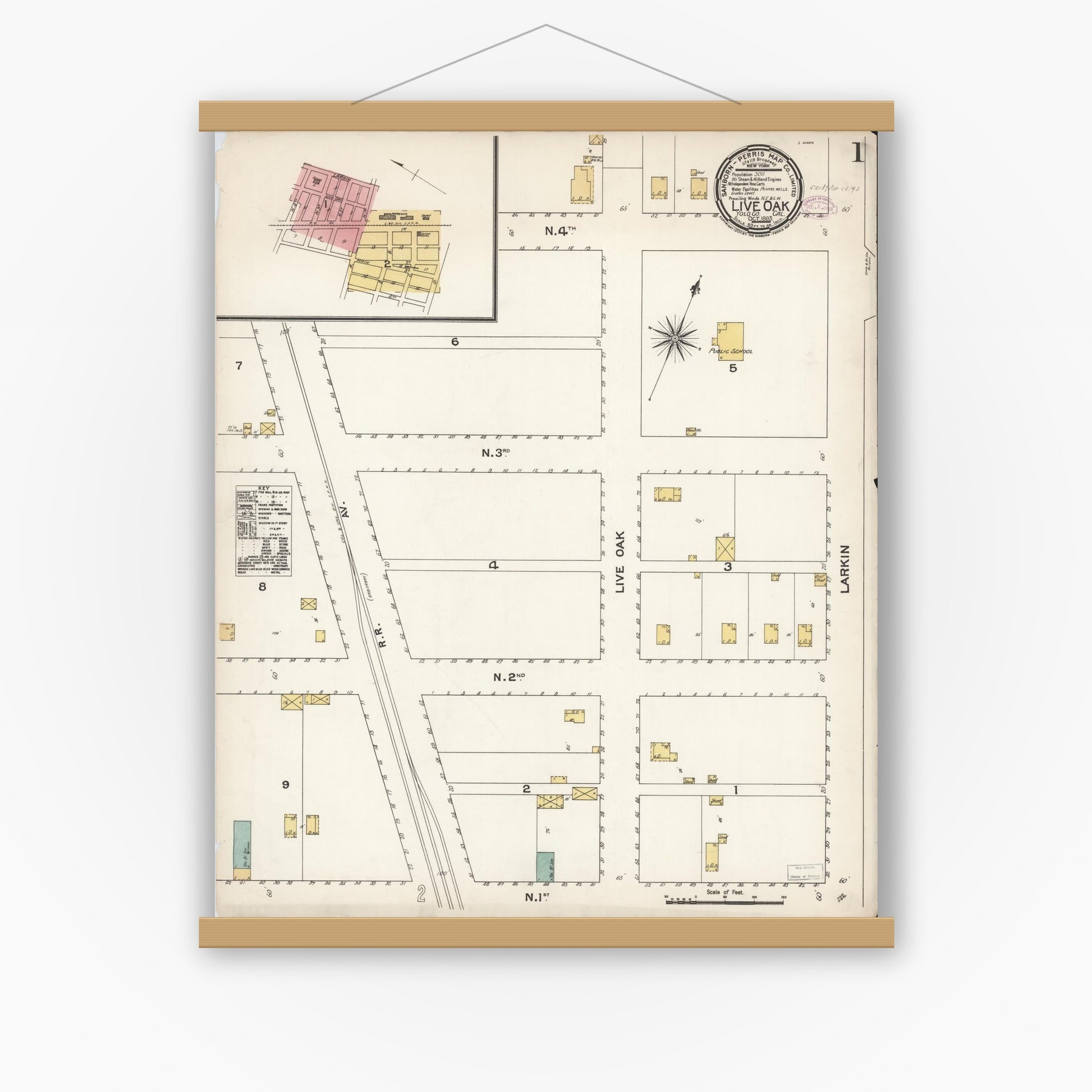 Old map wall art mockup — magnetic wood frame on white wall — Sanborn Fire Insurance Map from Live Oak, Sutter County, California (1893) - Complete Map Set