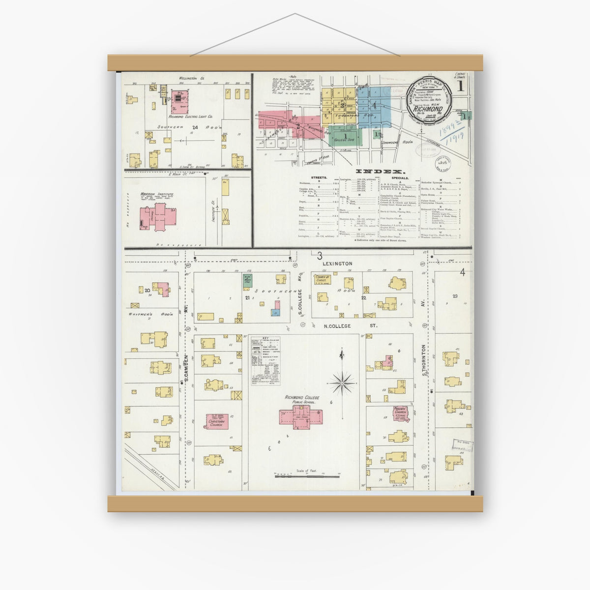 Old map wall art mockup — magnetic wood frame on white wall — Sanborn Fire Insurance Map from Richmond, Ray County, Missouri (1899) - Complete Map Set