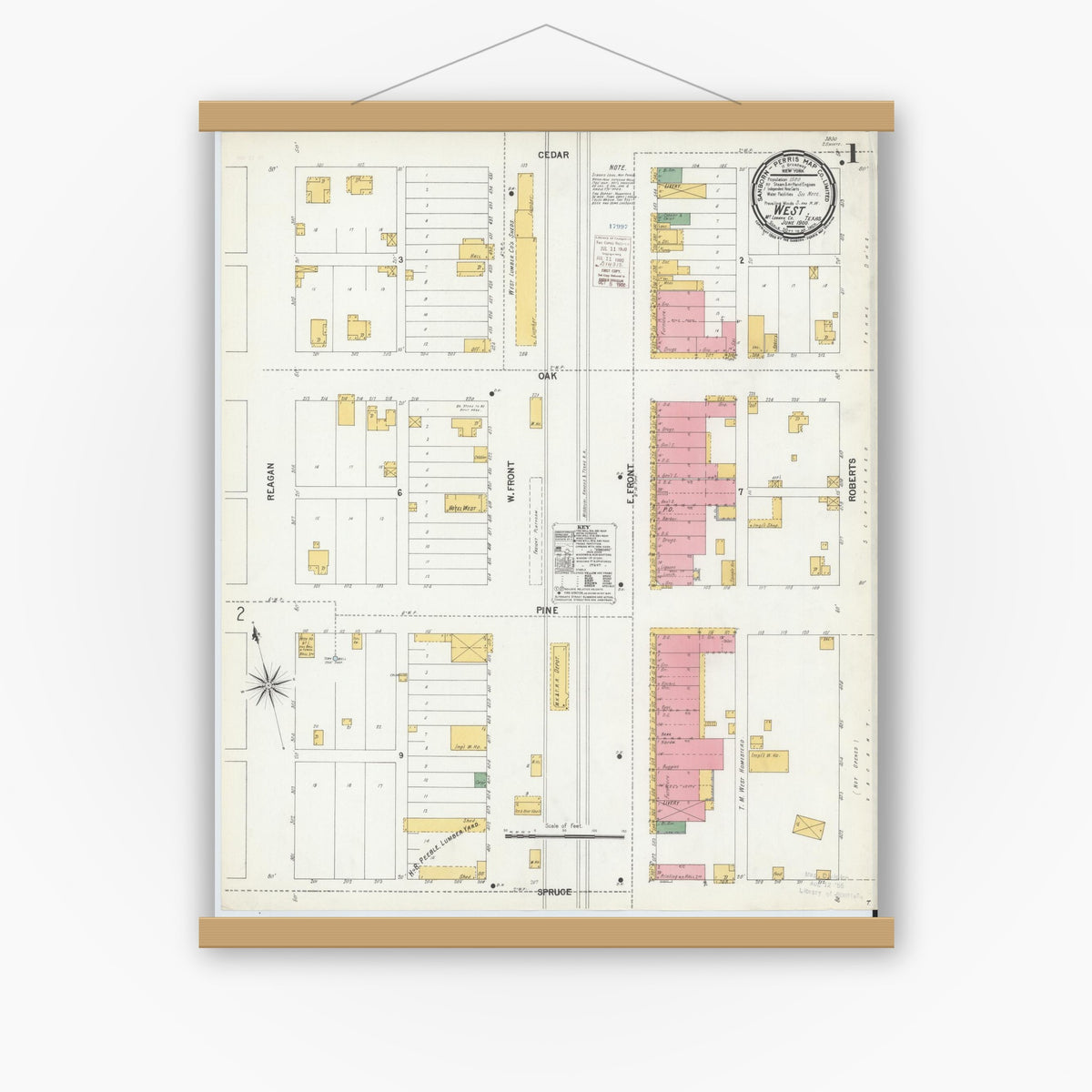 Old map wall art mockup — magnetic wood frame on white wall — Sanborn Fire Insurance Map from West, McLennan County, Texas (1900), Sheet #0001