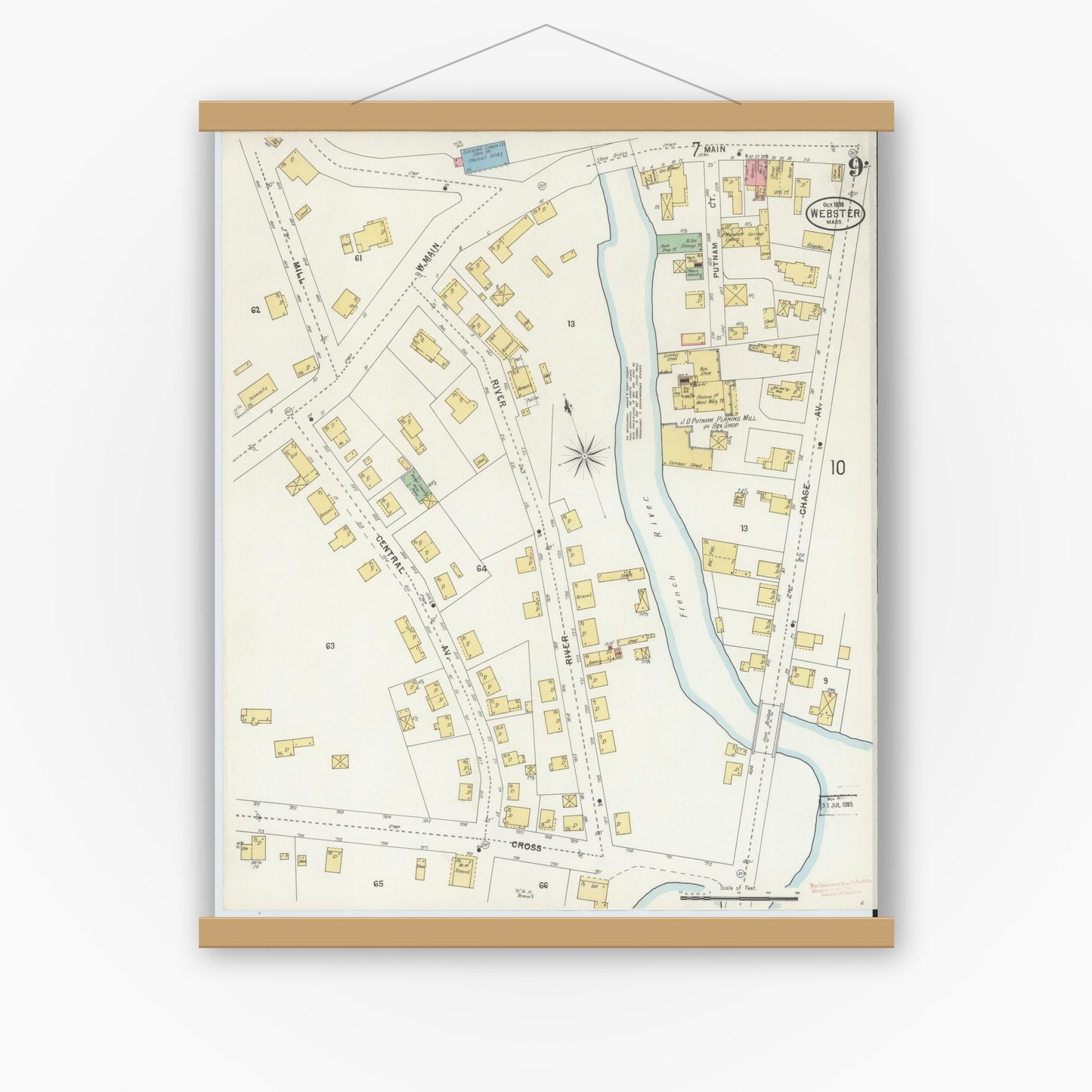 Old map wall art mockup — magnetic wood frame on white wall — Sanborn Fire Insurance Map from Webster, Worcester County, Massachusetts (1898), Sheet #0009