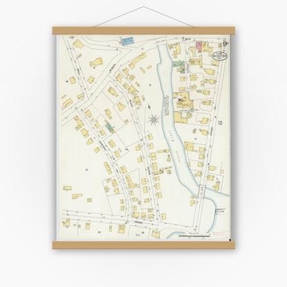 Old map wall art mockup — magnetic wood frame on white wall — Sanborn Fire Insurance Map from Webster, Worcester County, Massachusetts (1898), Sheet #0009