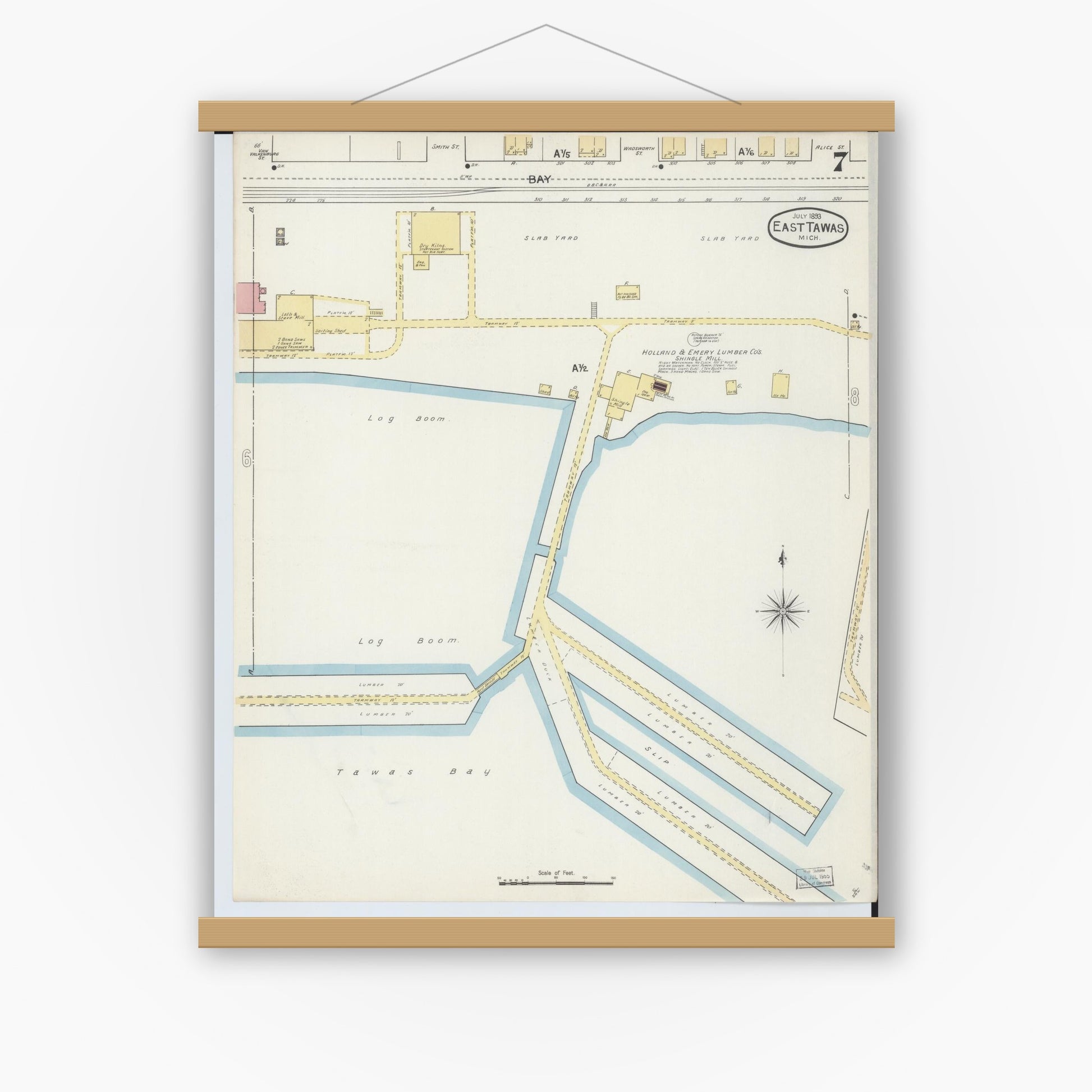 Old map wall art mockup — magnetic wood frame on white wall — Sanborn Fire Insurance Map from East Tawas, Iosco County, Michigan (1893), Sheet #0007