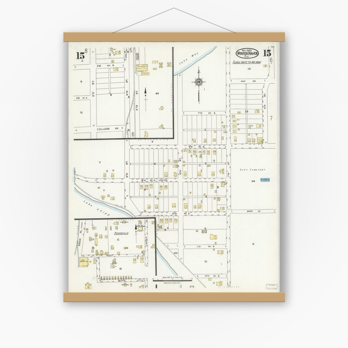 Old map wall art mockup — magnetic wood frame on white wall — Sanborn Fire Insurance Map from Winter Haven, Polk County, Florida (1924), Sheet #0015
