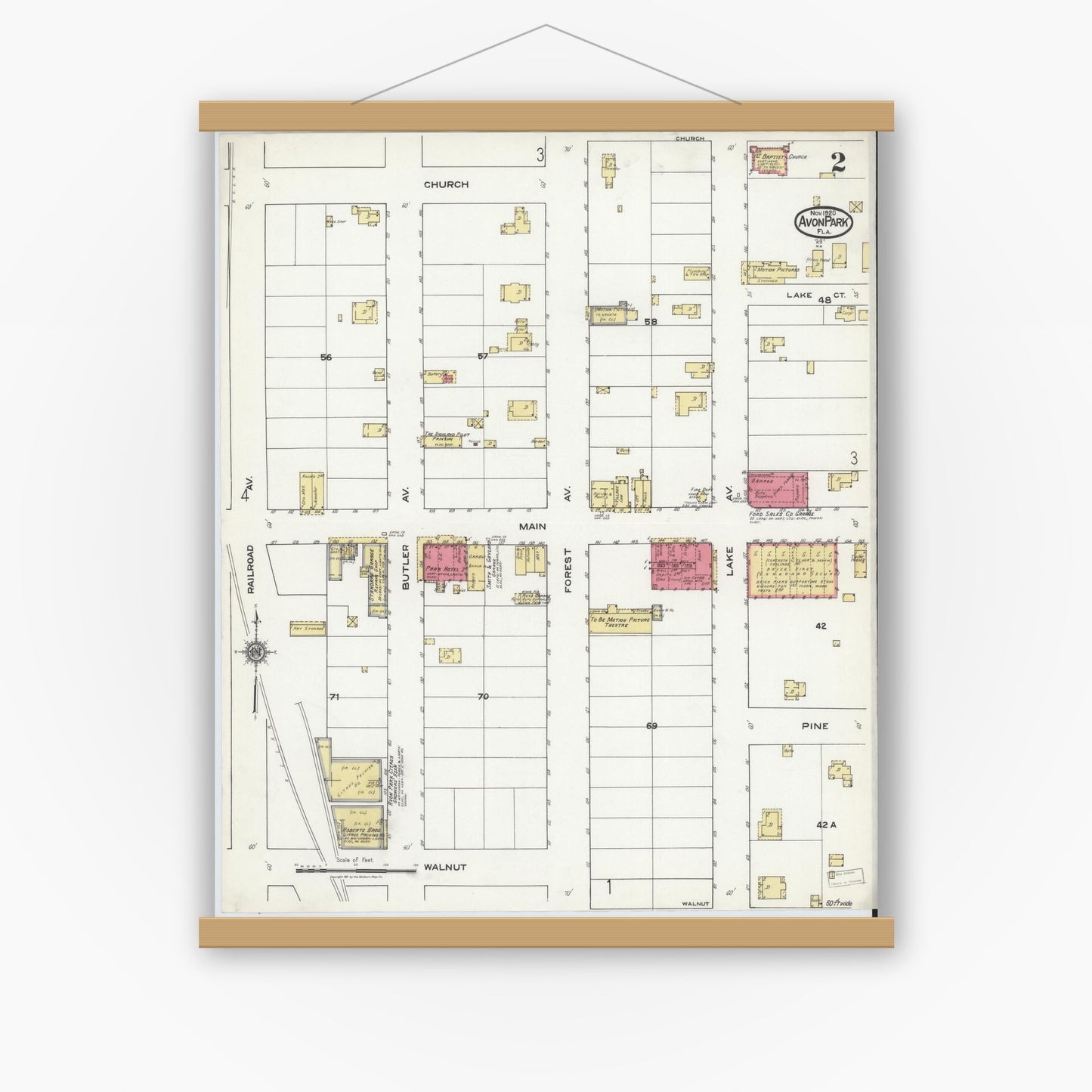 Old map wall art mockup — magnetic wood frame on white wall — Sanborn Fire Insurance Map from Avon Park, Highlands County, Florida (1920), Sheet #0002