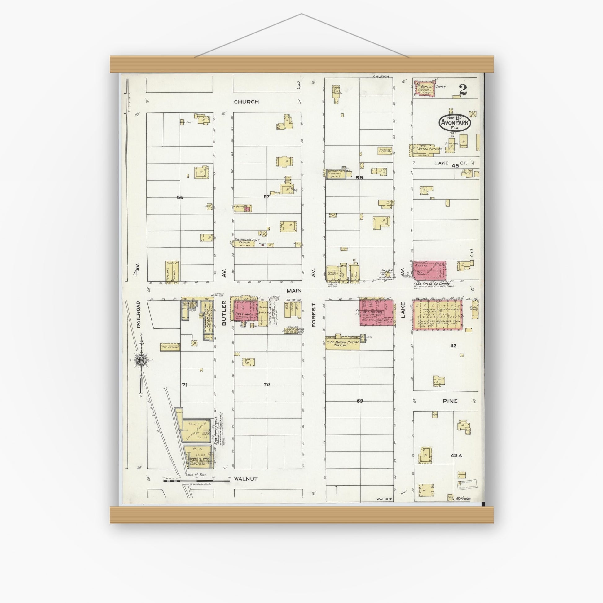 Old map wall art mockup — magnetic wood frame on white wall — Sanborn Fire Insurance Map from Avon Park, Highlands County, Florida (1920), Sheet #0002