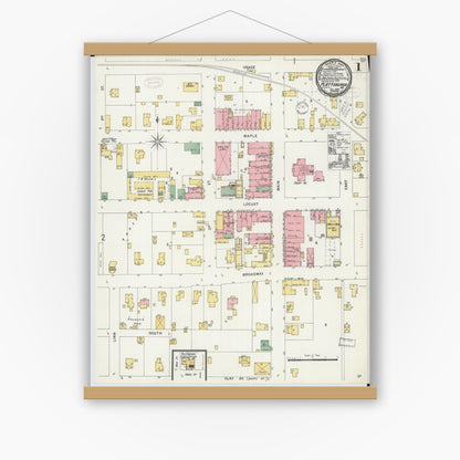 Old map wall art mockup — magnetic wood frame on white wall — Sanborn Fire Insurance Map from Plattsburg, Clinton County, Missouri (1898) - Complete Map Set