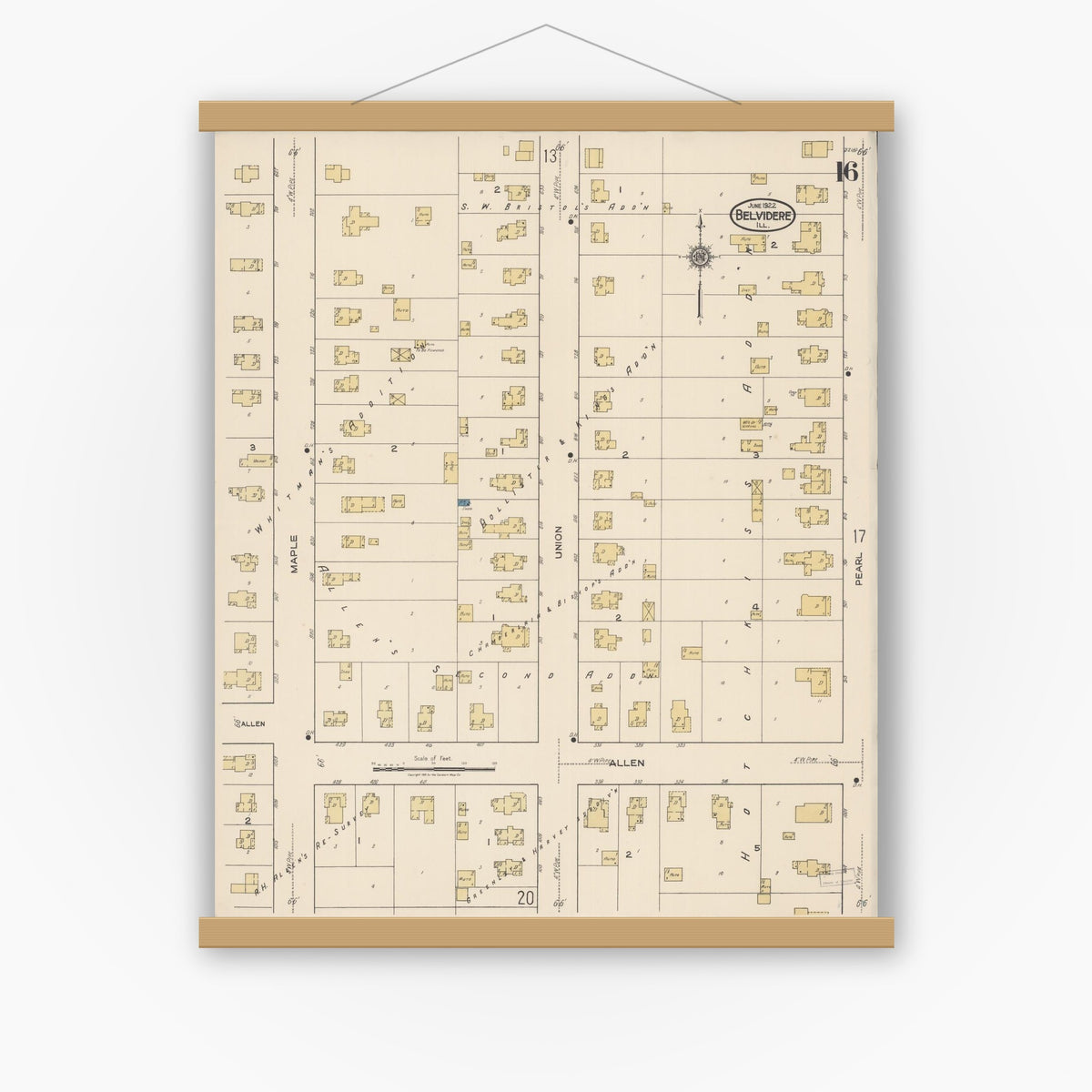 Old map wall art mockup — magnetic wood frame on white wall — Sanborn Fire Insurance Map from Belvidere, Boone County, Illinois (1922), Sheet #0016