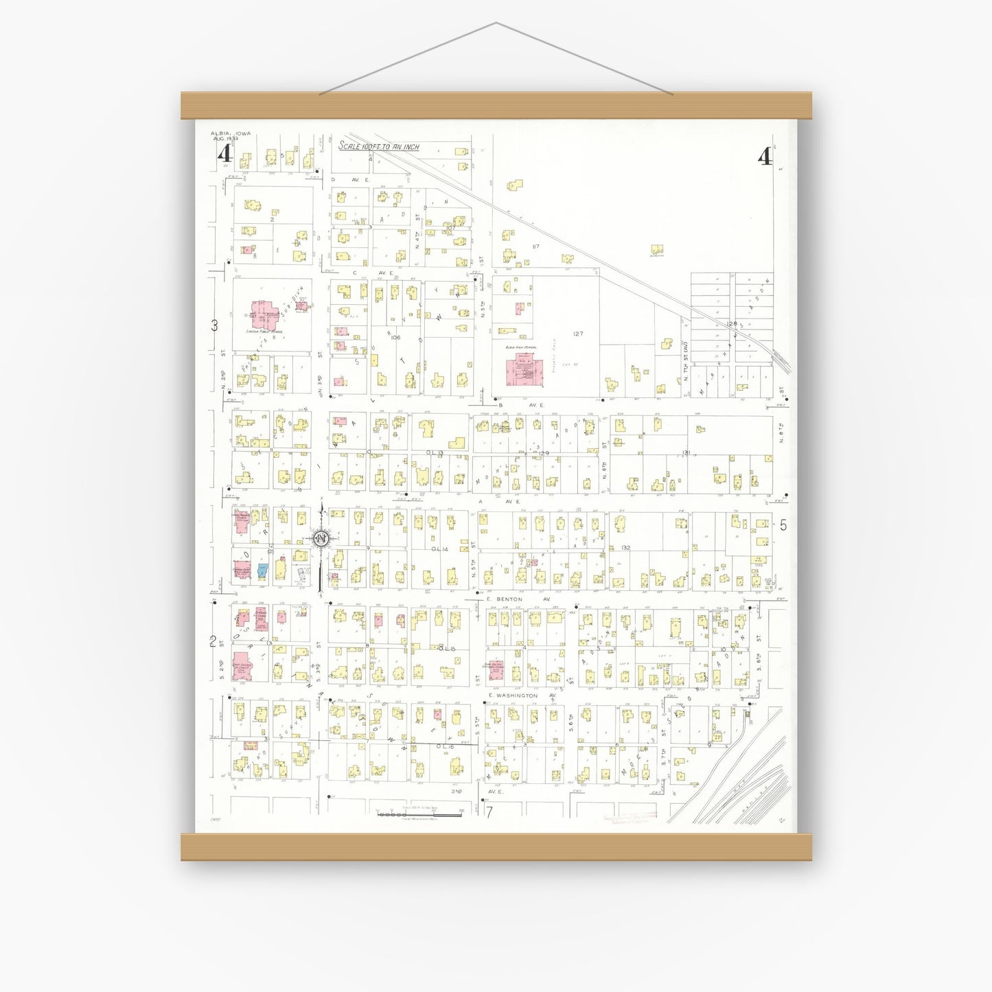 Old map wall art mockup — magnetic wood frame on white wall — Sanborn Fire Insurance Map from Albia, Monroe County, Iowa (1933), Sheet #0004