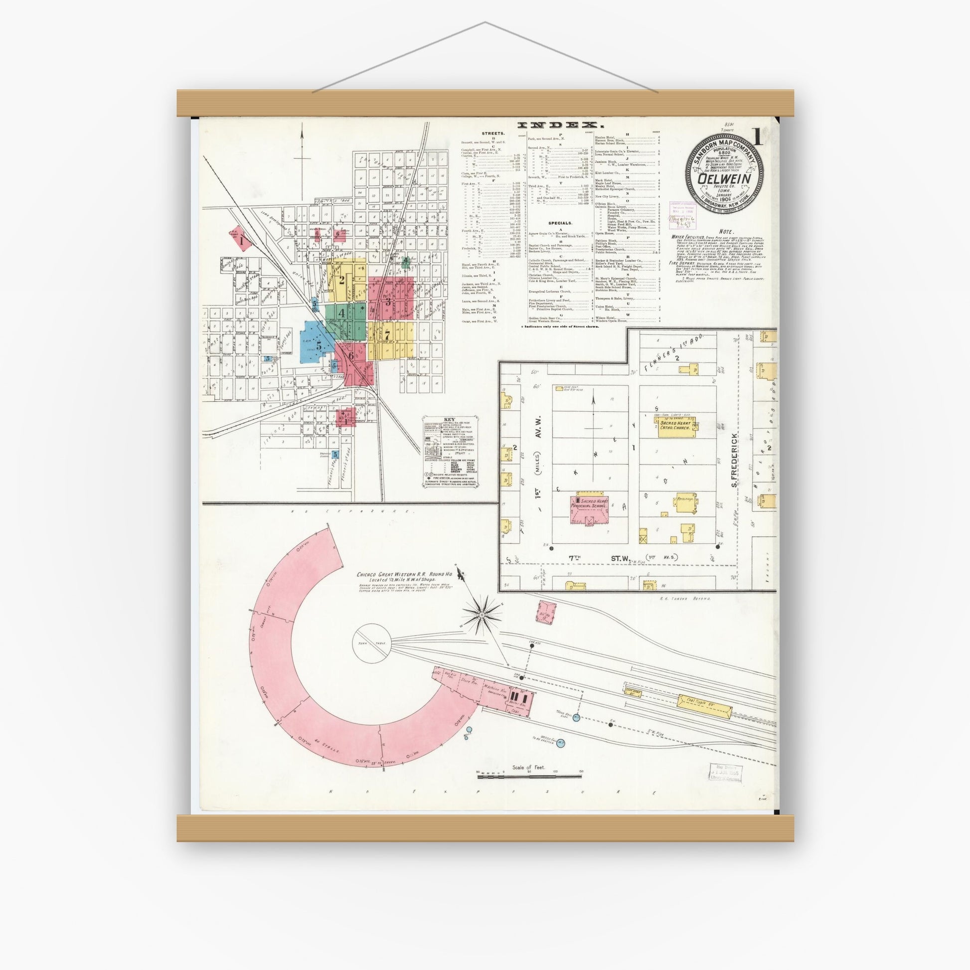 Old map wall art mockup — magnetic wood frame on white wall — Sanborn Fire Insurance Map from Oelwein, Fayette County, Iowa (1906) â€” Complete Set