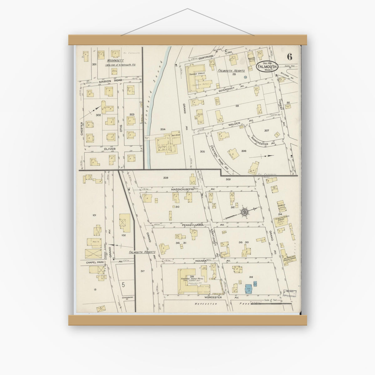 Old map wall art mockup — magnetic wood frame on white wall — Sanborn Fire Insurance Map from Falmouth, Barnstable County, Massachusetts (1914), Sheet #0006