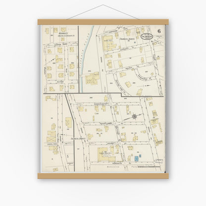 Old map wall art mockup — magnetic wood frame on white wall — Sanborn Fire Insurance Map from Falmouth, Barnstable County, Massachusetts (1914), Sheet #0006