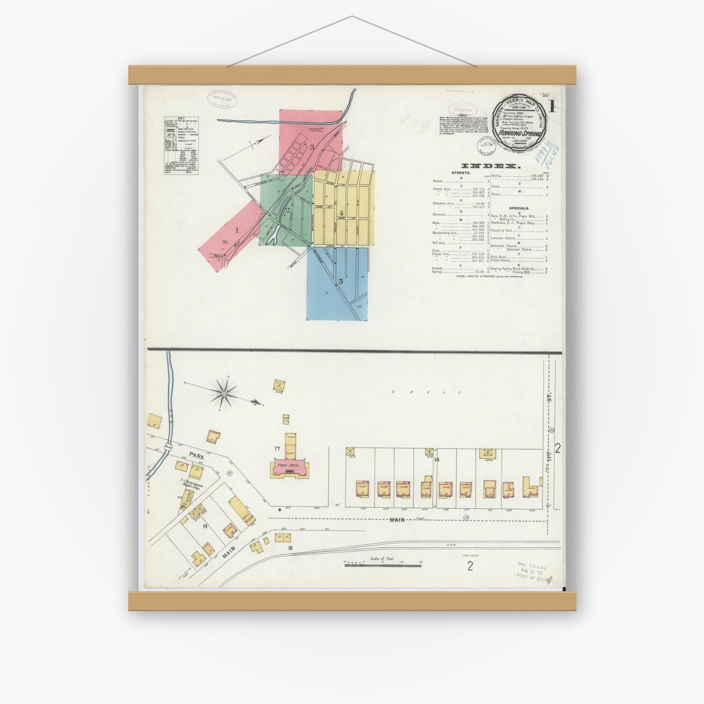 Old map wall art mockup — magnetic wood frame on white wall — Sanborn Fire Insurance Map from Roaring Spring, Blair County, Pennsylvania (1899), Sheet #0001