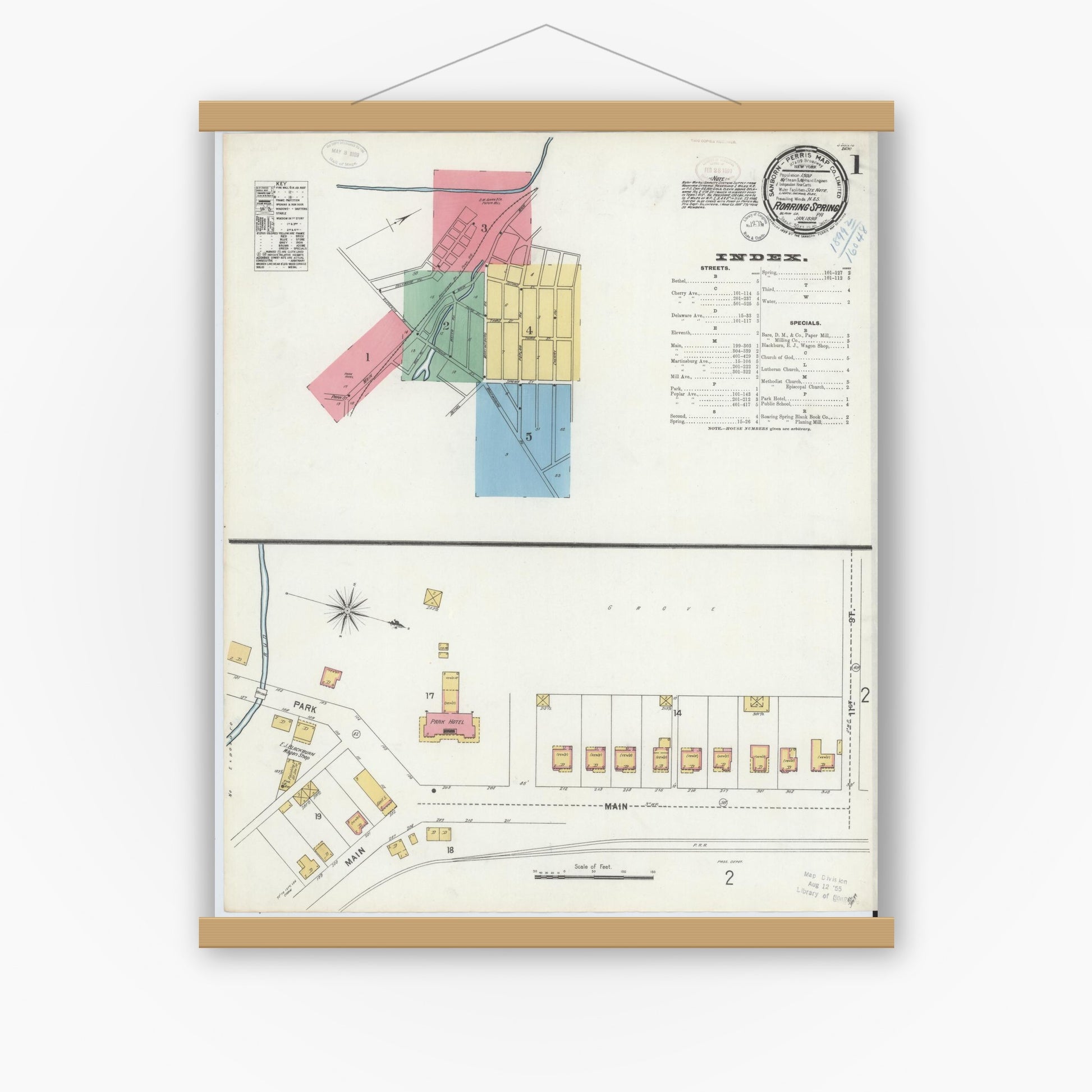 Old map wall art mockup — magnetic wood frame on white wall — Sanborn Fire Insurance Map from Roaring Spring, Blair County, Pennsylvania (1899), Sheet #0001