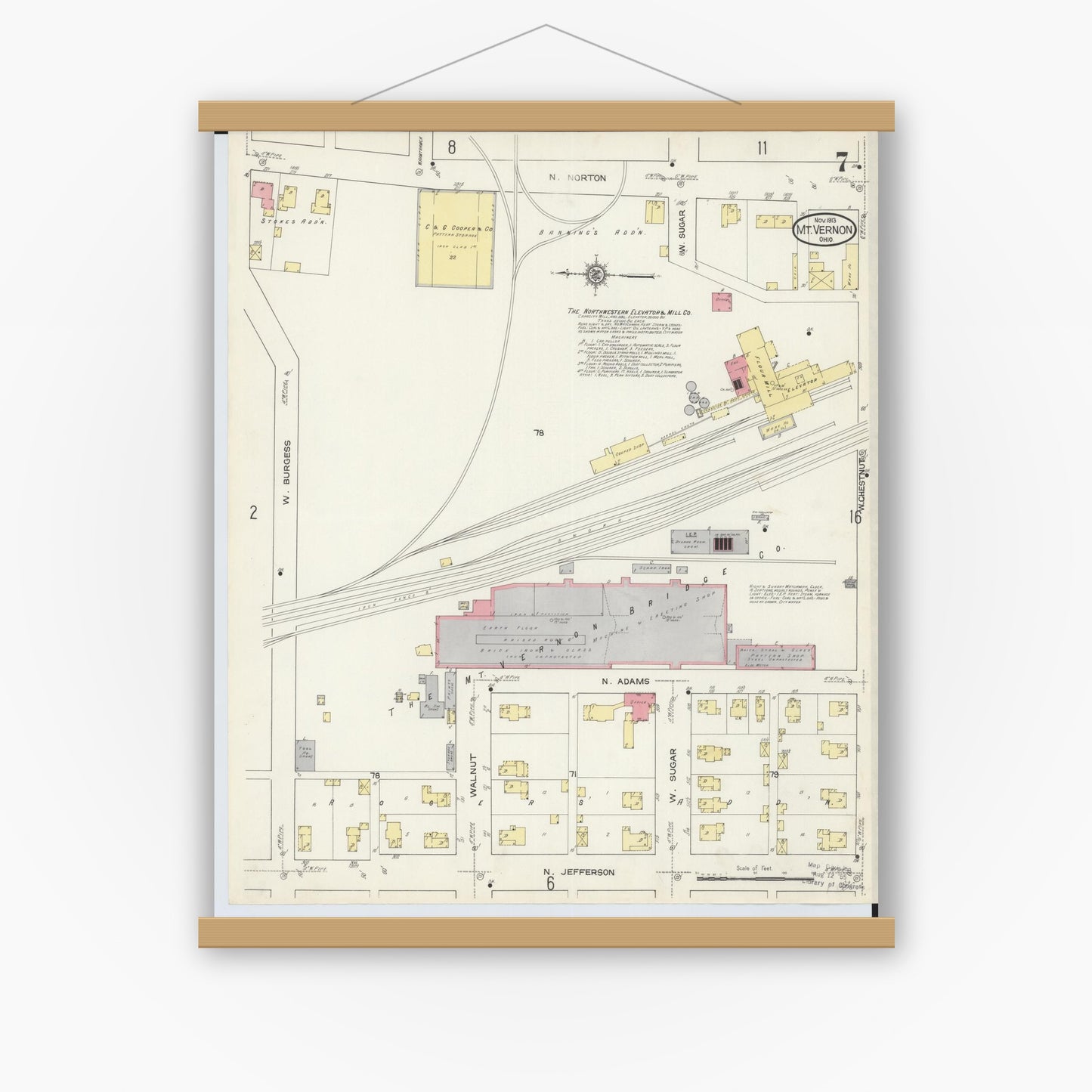 Old map wall art mockup — magnetic wood frame on white wall — Sanborn Fire Insurance Map from Mount Vernon, Knox County, Ohio (1913), Sheet #0007