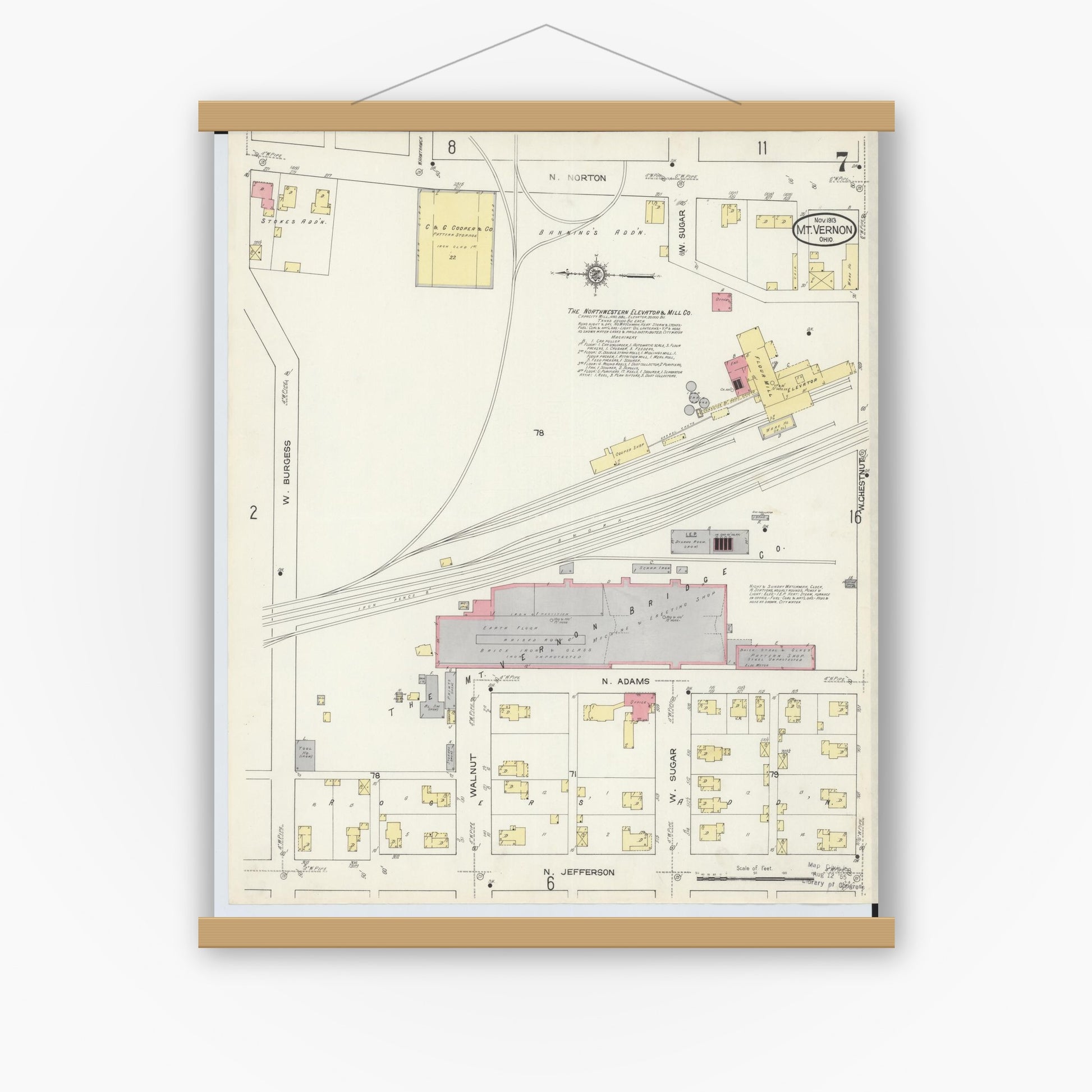 Old map wall art mockup — magnetic wood frame on white wall — Sanborn Fire Insurance Map from Mount Vernon, Knox County, Ohio (1913), Sheet #0007