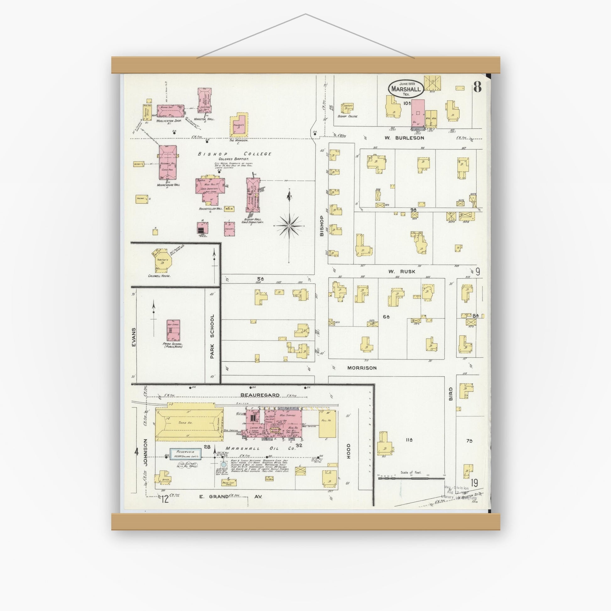 Old map wall art mockup — magnetic wood frame on white wall — Sanborn Fire Insurance Map from Marshall, Harrison County, Texas (1909), Sheet #0008