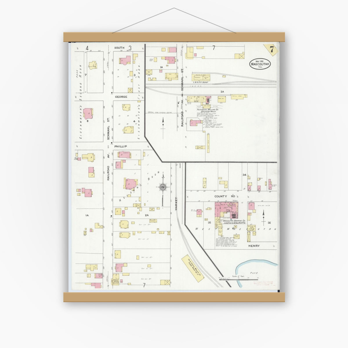 Old map wall art mockup — magnetic wood frame on white wall — Sanborn Fire Insurance Map from Mascoutah, Saint Clair County, Illinois (1910), Sheet #0007