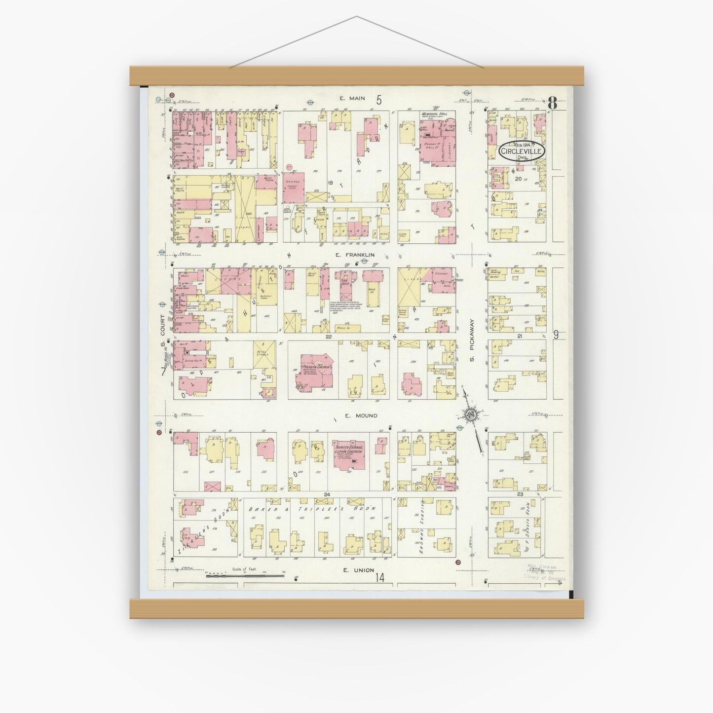Old map wall art mockup — magnetic wood frame on white wall — Sanborn Fire Insurance Map from Circleville, Pickaway County, Ohio (1914), Sheet #0008