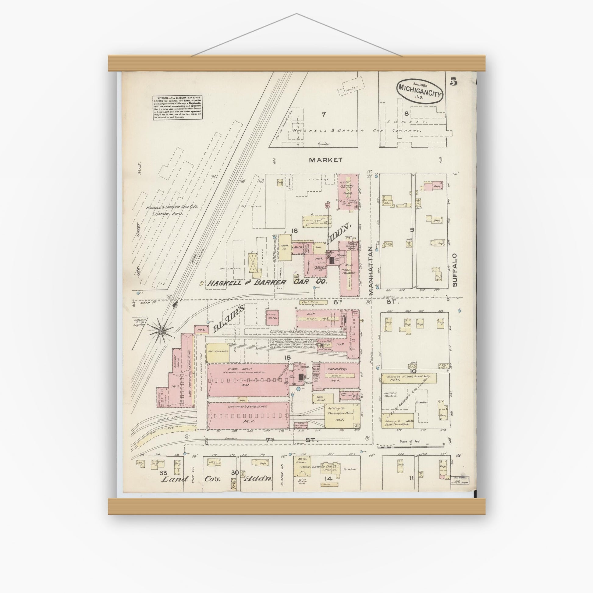 Old map wall art mockup — magnetic wood frame on white wall — Sanborn Fire Insurance Map from Michigan City, La Porte  County, Indiana (1884), Sheet #0005
