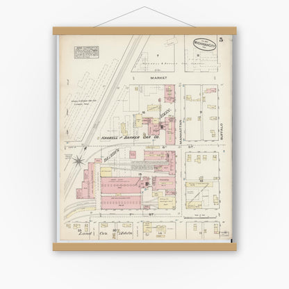 Old map wall art mockup — magnetic wood frame on white wall — Sanborn Fire Insurance Map from Michigan City, La Porte  County, Indiana (1884), Sheet #0005