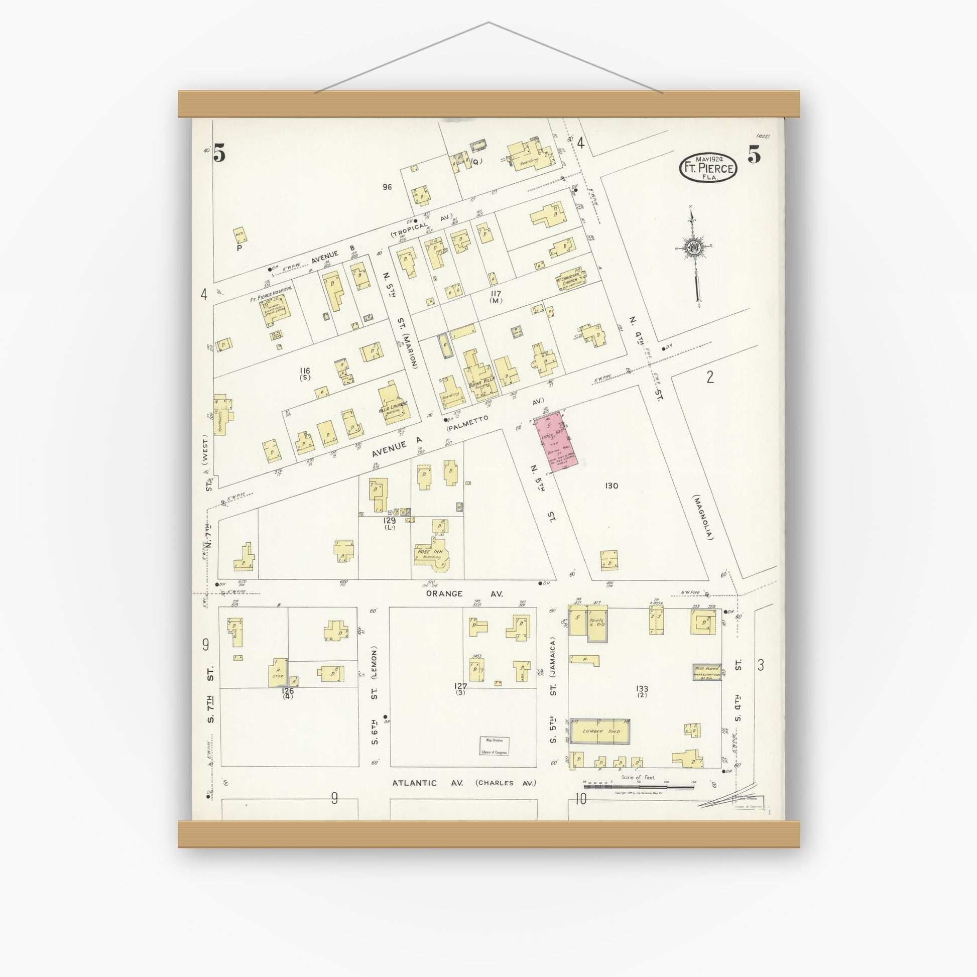 Old map wall art mockup — magnetic wood frame on white wall — Sanborn Fire Insurance Map from Fort Pierce, St Lucie County, Florida (1924), Sheet #0005