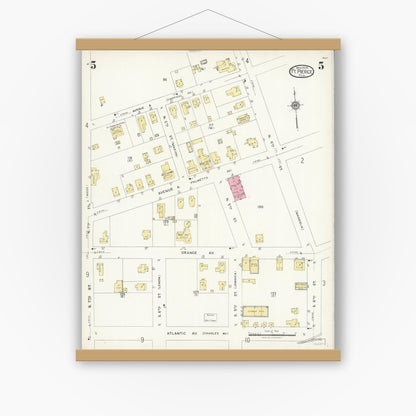 Old map wall art mockup — magnetic wood frame on white wall — Sanborn Fire Insurance Map from Fort Pierce, St Lucie County, Florida (1924), Sheet #0005