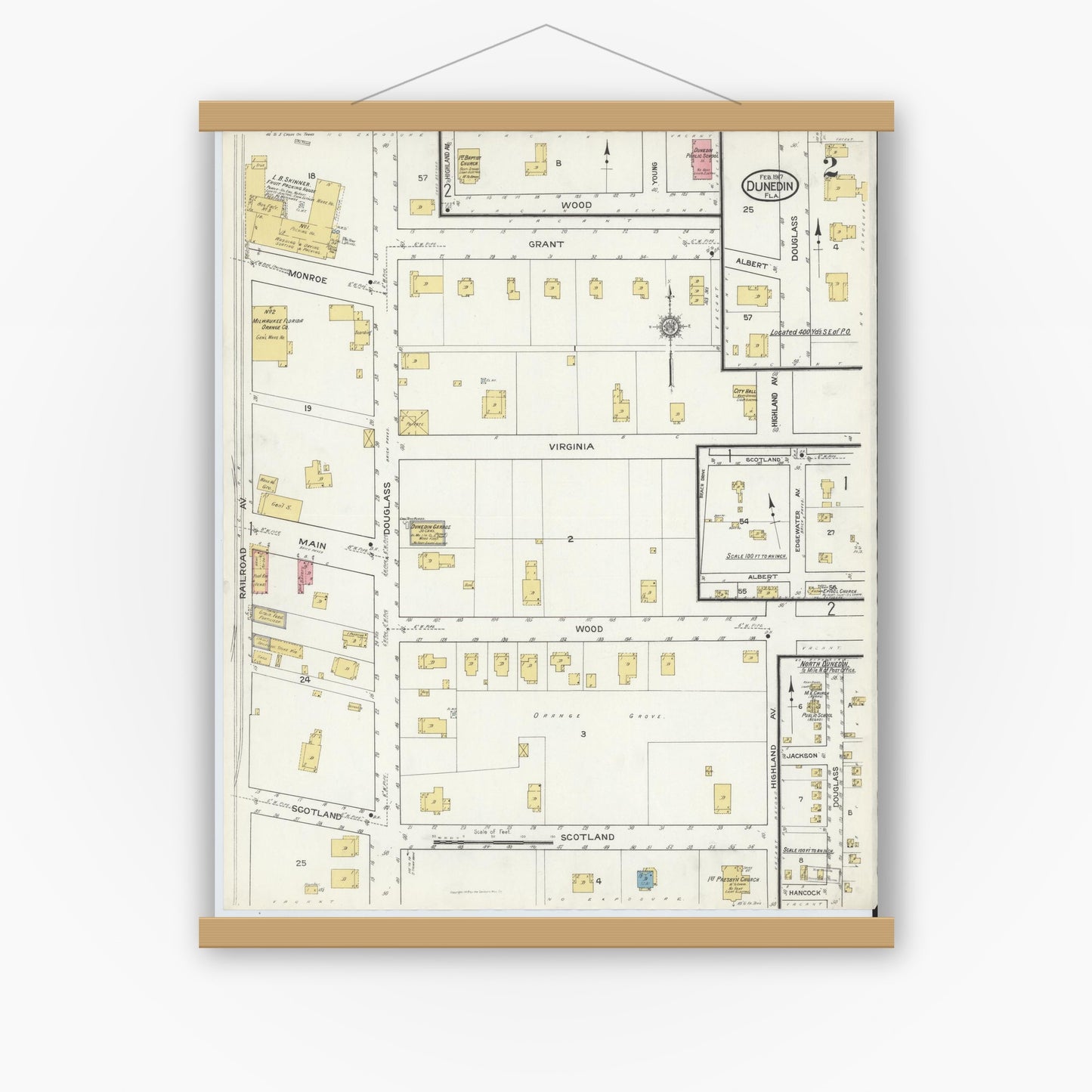 Old map wall art mockup — magnetic wood frame on white wall — Sanborn Fire Insurance Map from Dunedin, Pinellas County, Florida (1917), Sheet #0002
