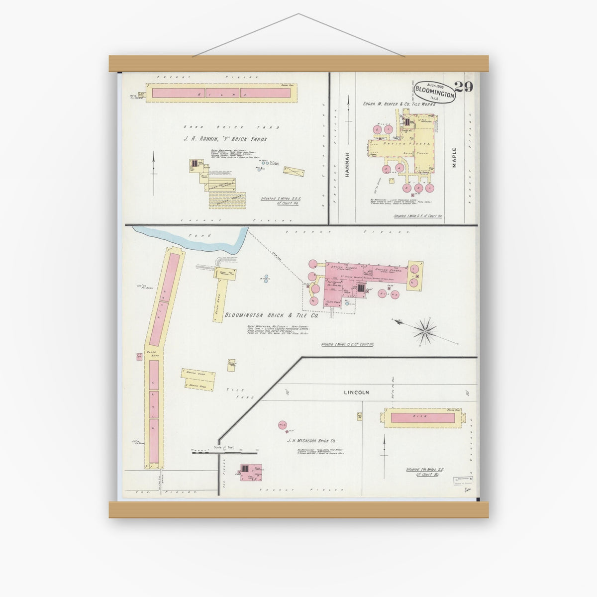 Old map wall art mockup — magnetic wood frame on white wall — Sanborn Fire Insurance Map from Bloomington, McLean County, Illinois (1896), Sheet #0029