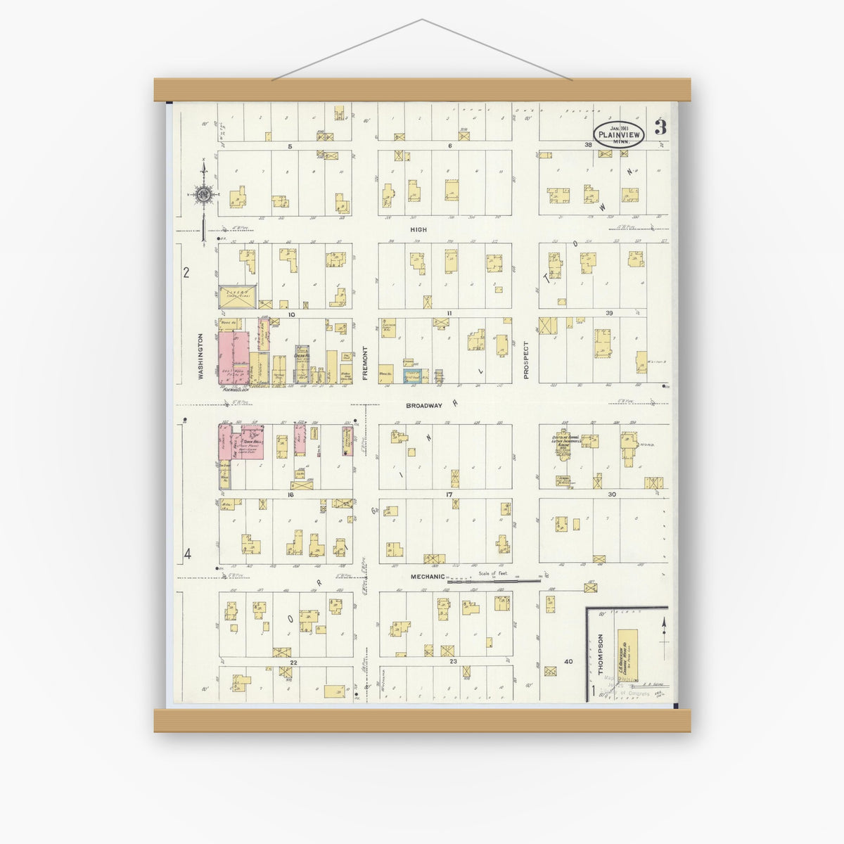 Old map wall art mockup — magnetic wood frame on white wall — Sanborn Fire Insurance Map from Plainview, Wabasha County, Minnesota (1911), Sheet #0003