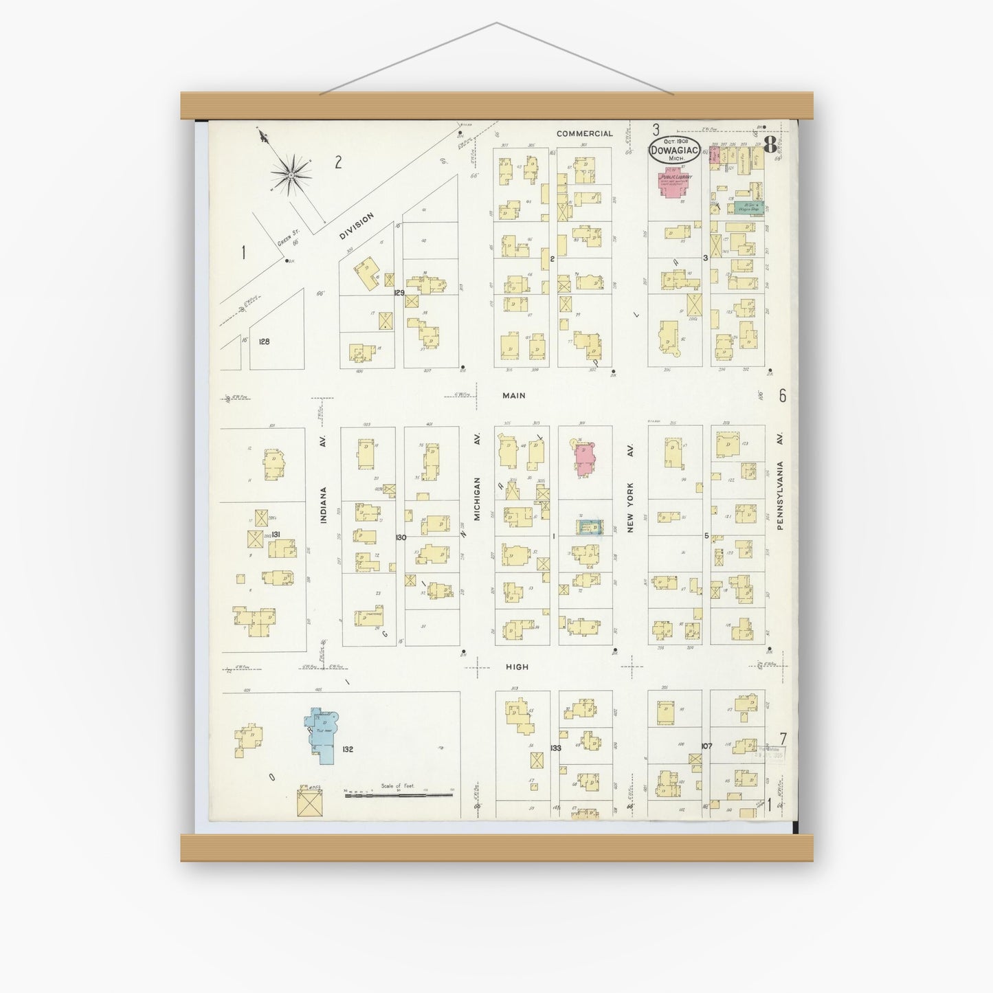 Old map wall art mockup — magnetic wood frame on white wall — Sanborn Fire Insurance Map from Dowagiac, Cass County, Michigan (1908), Sheet #0008