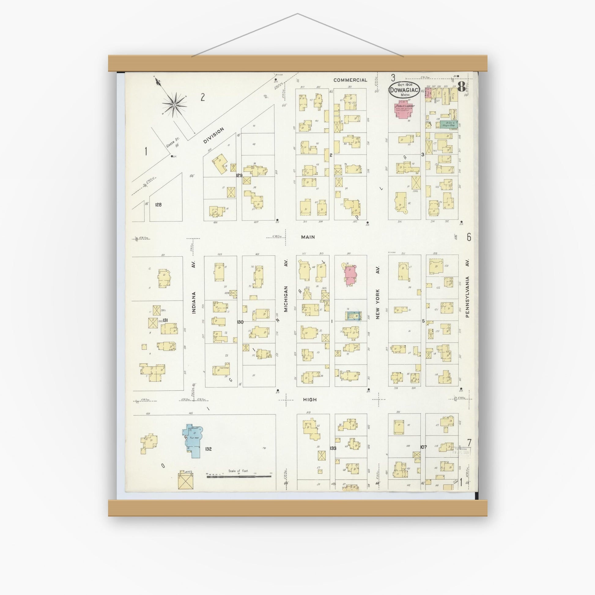 Old map wall art mockup — magnetic wood frame on white wall — Sanborn Fire Insurance Map from Dowagiac, Cass County, Michigan (1908), Sheet #0008