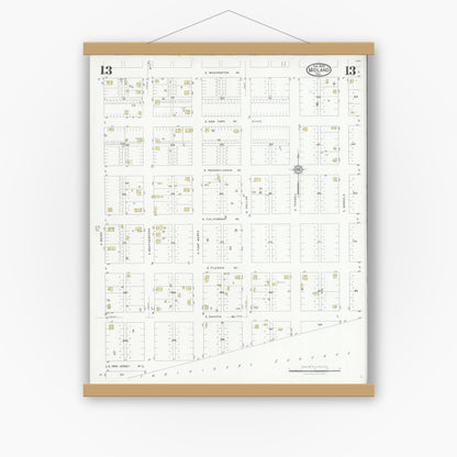 Old map wall art mockup — magnetic wood frame on white wall — Sanborn Fire Insurance Map from Midland, Midland County, Texas (1929), Sheet #0013