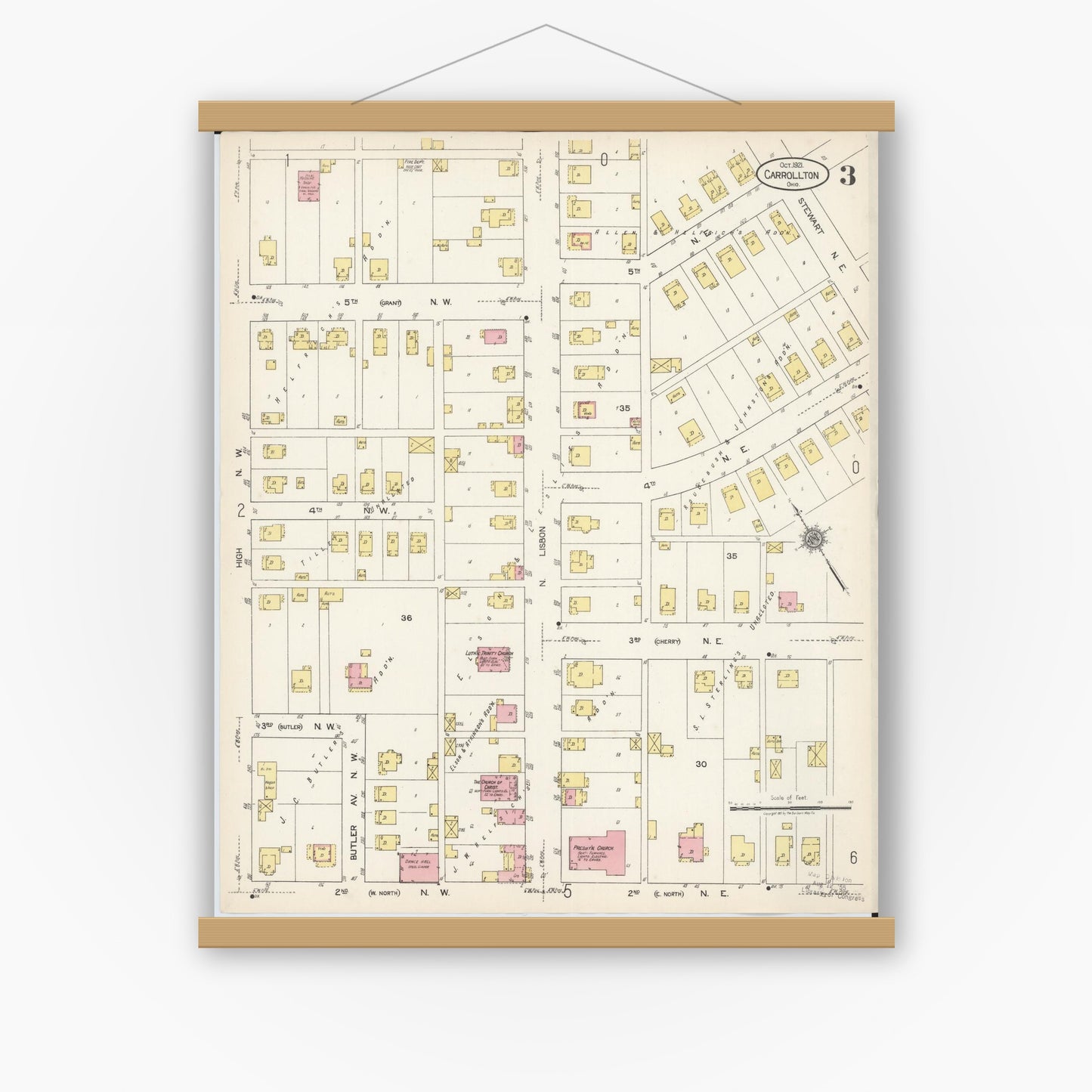 Old map wall art mockup — magnetic wood frame on white wall — Sanborn Fire Insurance Map from Carrollton, Carroll County, Ohio (1921), Sheet #0003