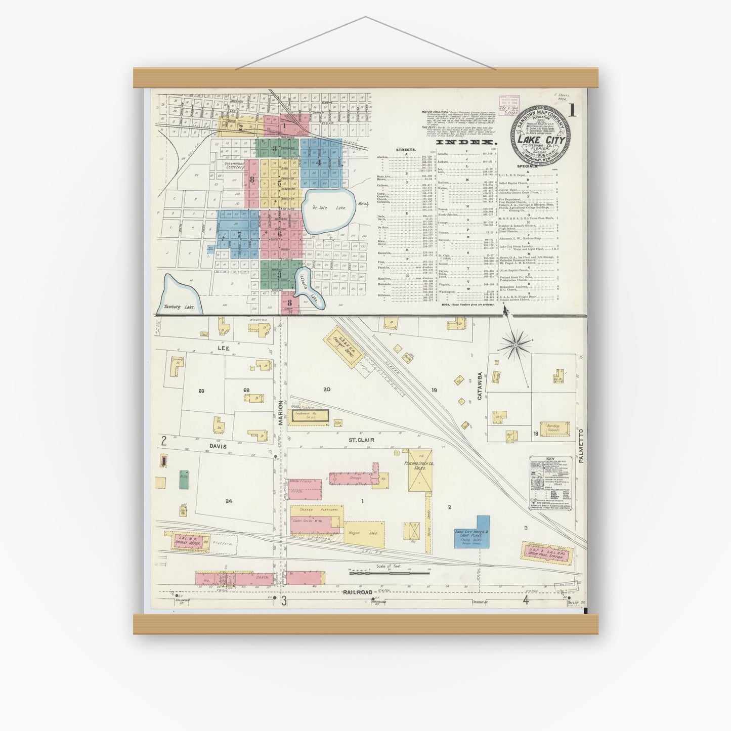 Old map wall art mockup — magnetic wood frame on white wall — Sanborn Fire Insurance Map from Lake City, Columbia County, Florida (1906) - Complete Map Set