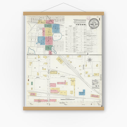 Old map wall art mockup — magnetic wood frame on white wall — Sanborn Fire Insurance Map from Lake City, Columbia County, Florida (1906) - Complete Map Set