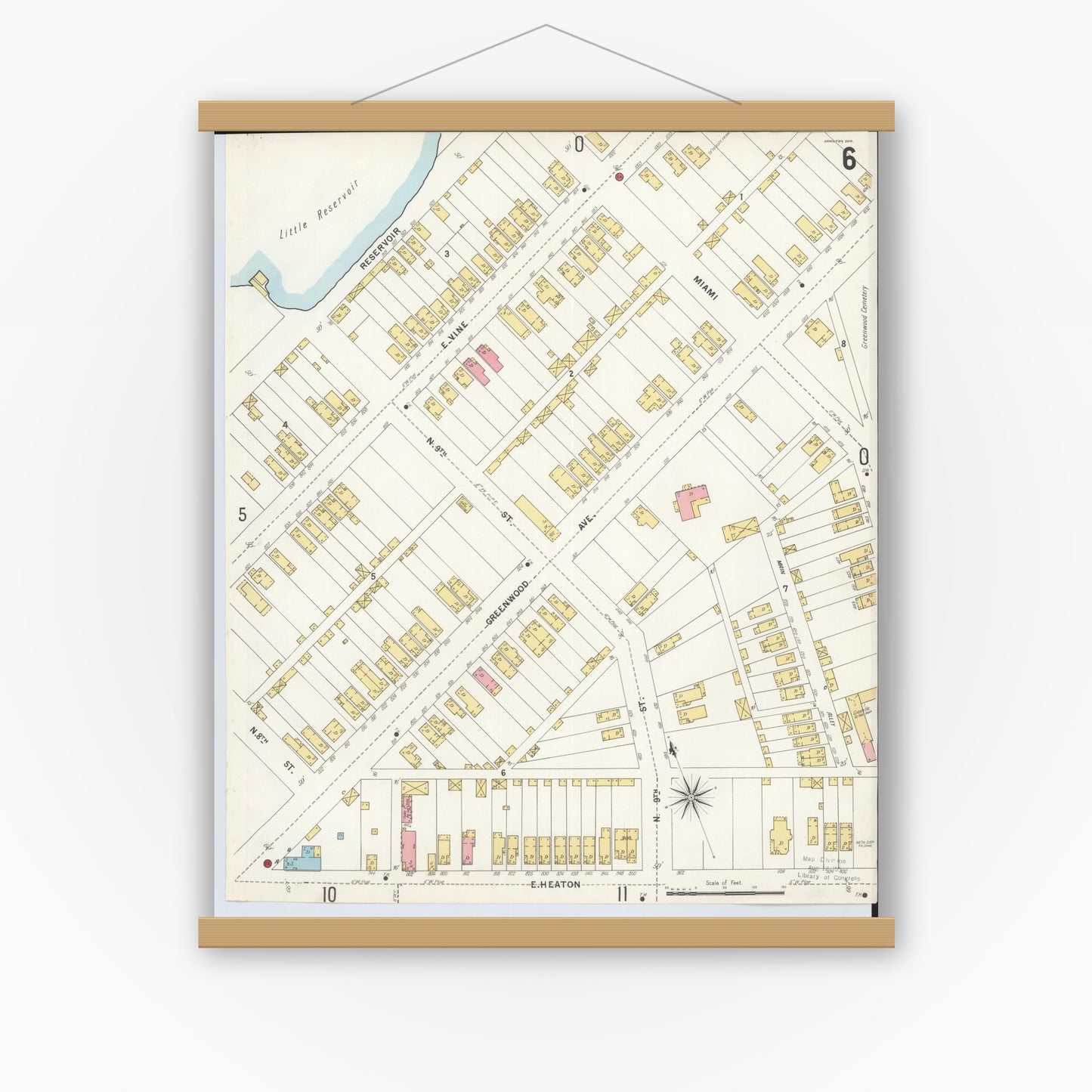 Old map wall art mockup — magnetic wood frame on white wall — Sanborn Fire Insurance Map from Hamilton, Butler County, Ohio (1899), Sheet #0006