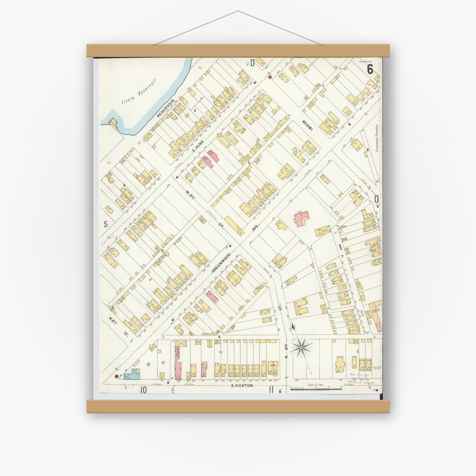 Old map wall art mockup — magnetic wood frame on white wall — Sanborn Fire Insurance Map from Hamilton, Butler County, Ohio (1899), Sheet #0006