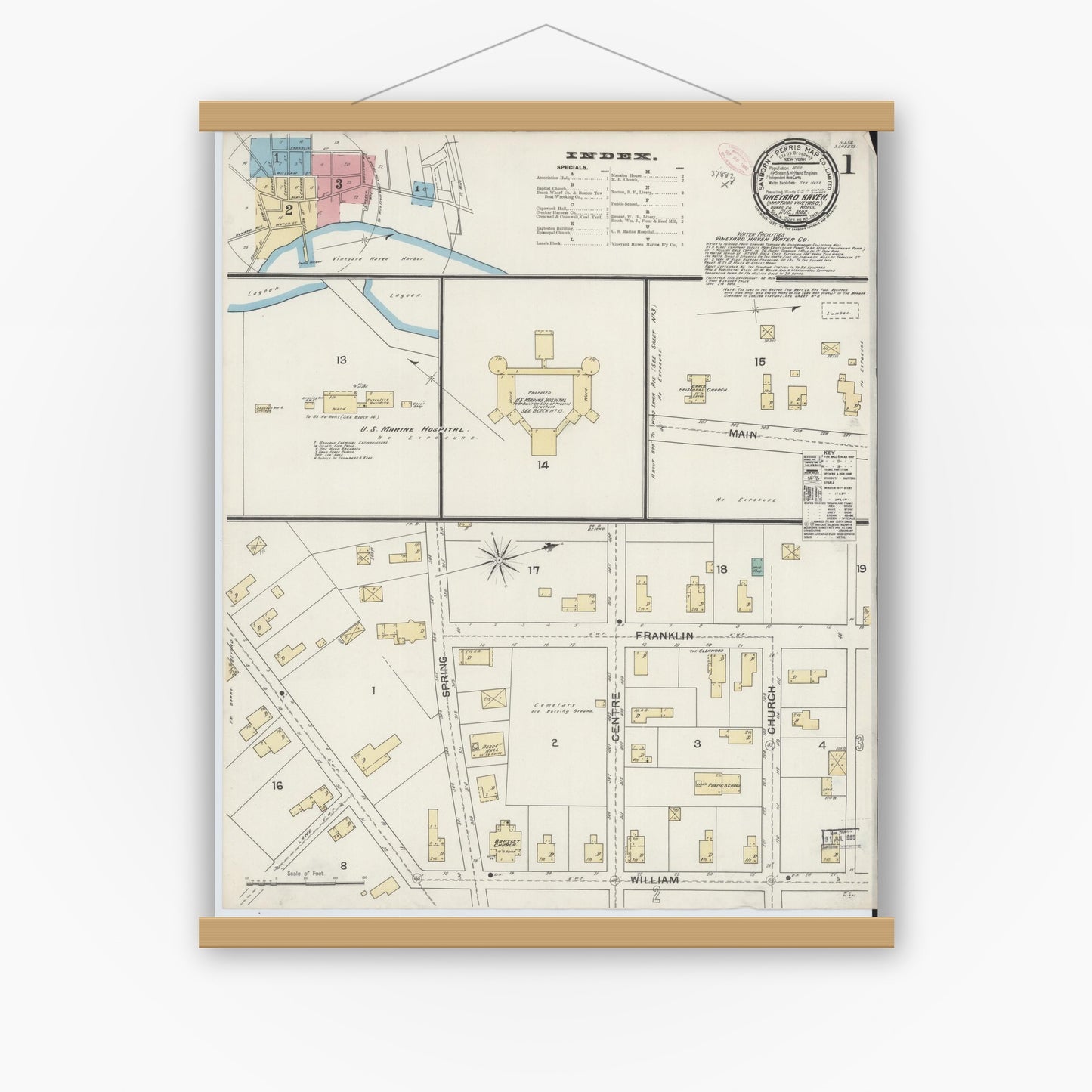 Old map wall art mockup — magnetic wood frame on white wall — Sanborn Fire Insurance Map from Vineyard Haven, Dukes County, Massachusetts (1892) - Complete Map Set