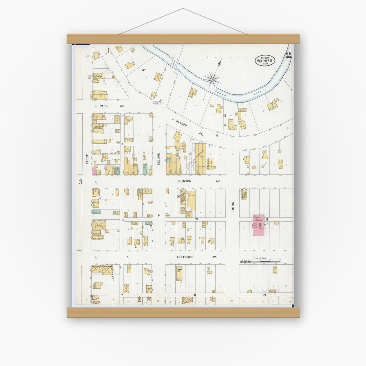 Old map wall art mockup — magnetic wood frame on white wall — Sanborn Fire Insurance Map from Warren, Marshall County, Minnesota (1899), Sheet #0002