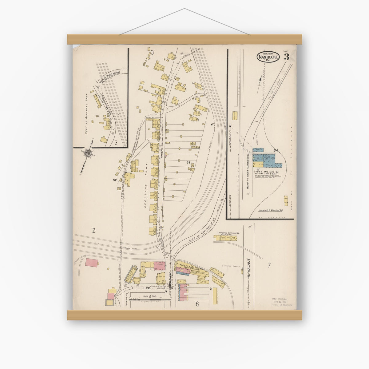 Old map wall art mockup — magnetic wood frame on white wall — Sanborn Fire Insurance Map from Nanticoke, Luzerne County, Pennsylvania (1920), Sheet #0003
