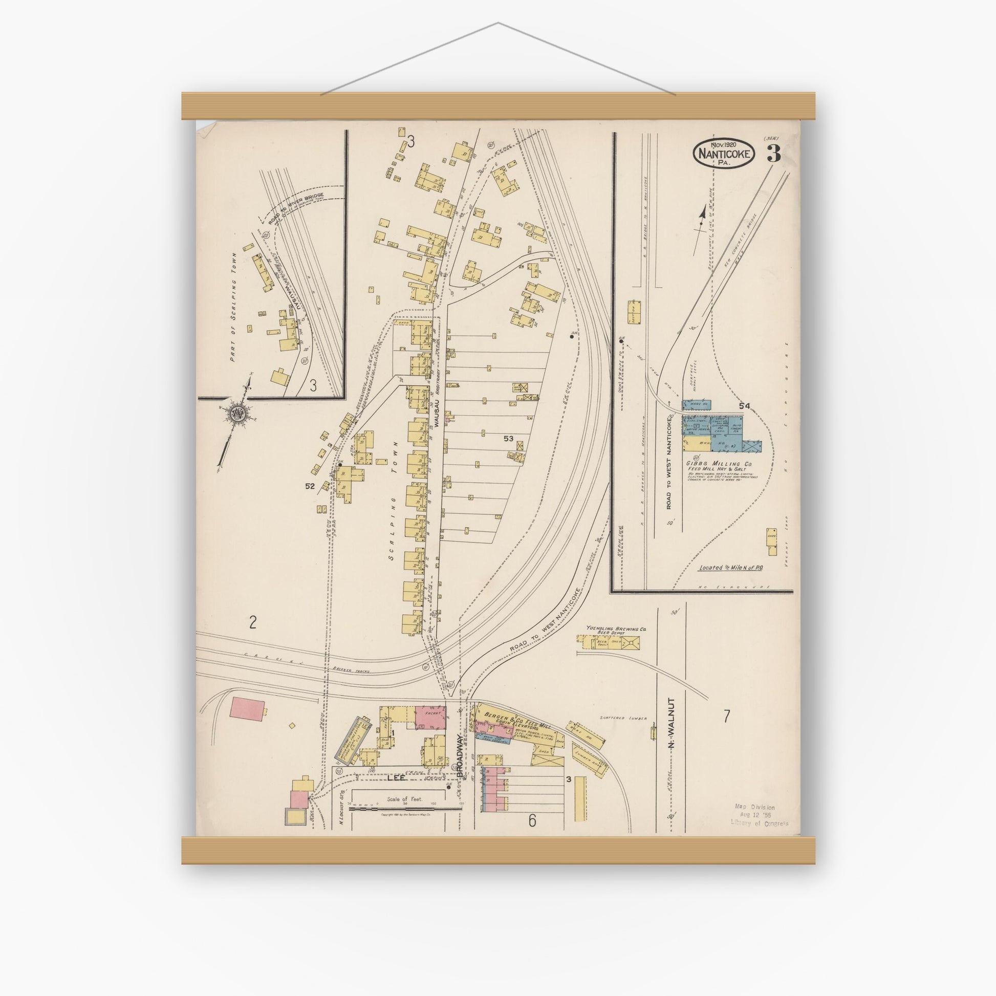 Old map wall art mockup — magnetic wood frame on white wall — Sanborn Fire Insurance Map from Nanticoke, Luzerne County, Pennsylvania (1920), Sheet #0003