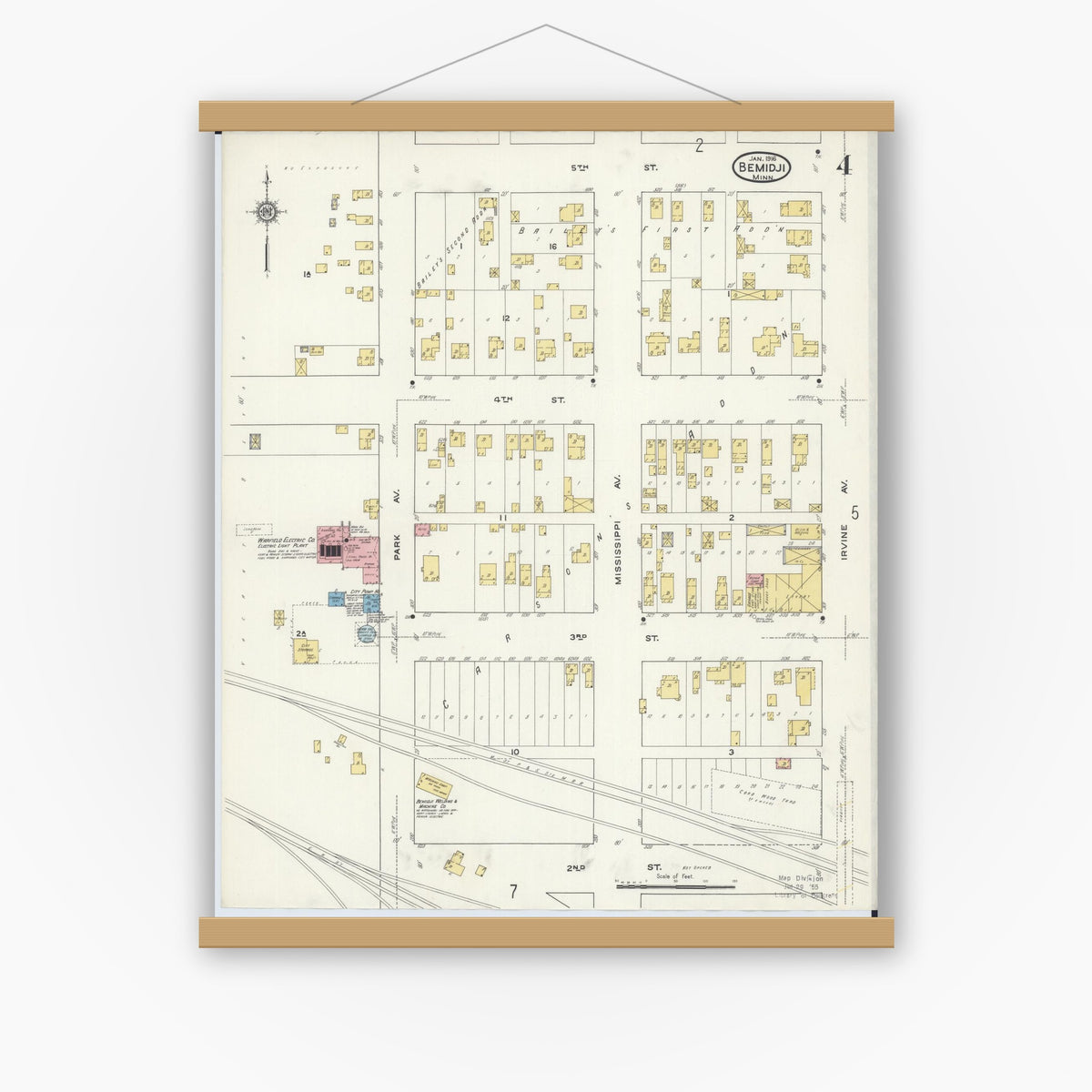 Old map wall art mockup — magnetic wood frame on white wall — Sanborn Fire Insurance Map from Bemidji, Beltrami County, Minnesota (1916), Sheet #0004