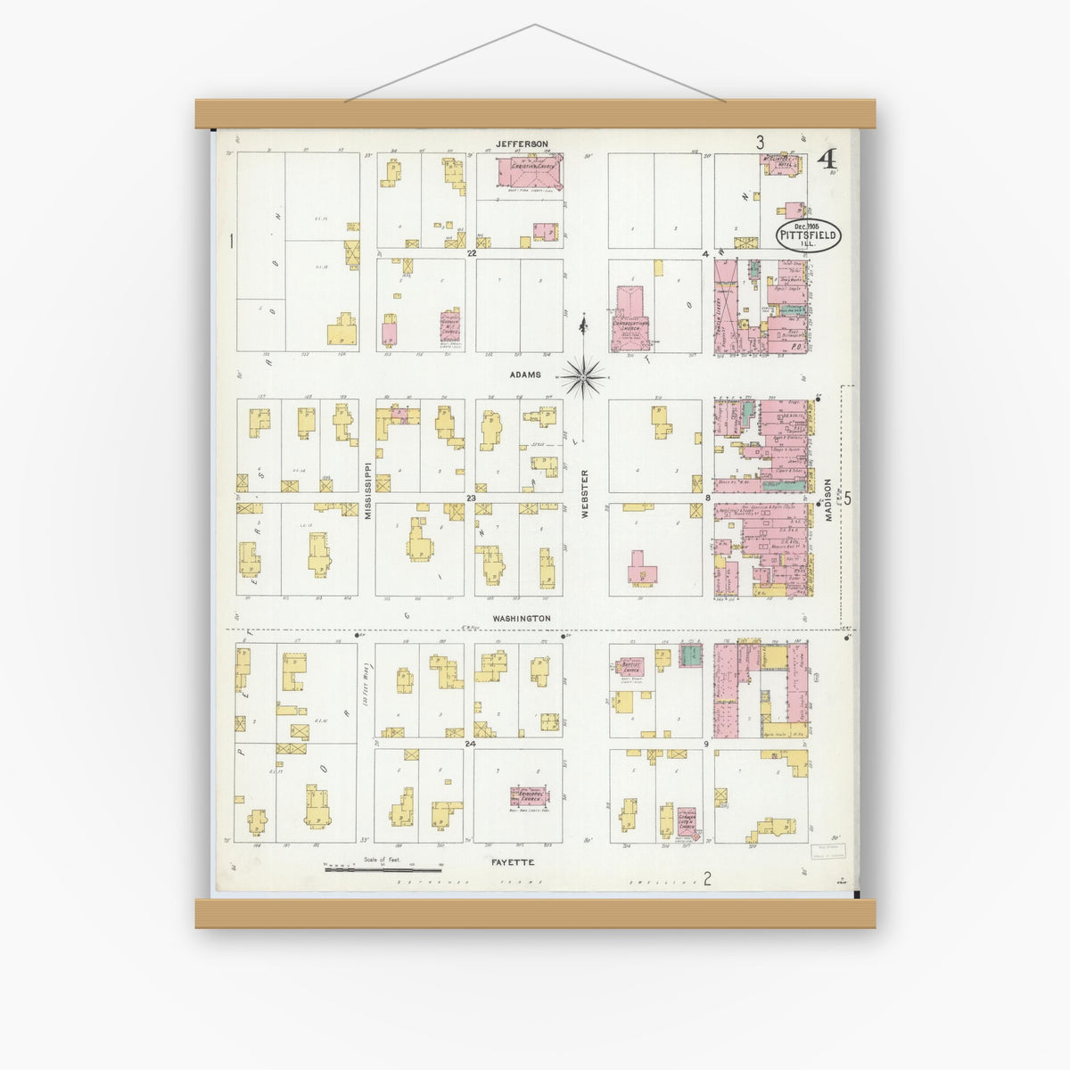 Old map wall art mockup — magnetic wood frame on white wall — Sanborn Fire Insurance Map from Pittsfield, Pike County, Illinois (1905), Sheet #0004