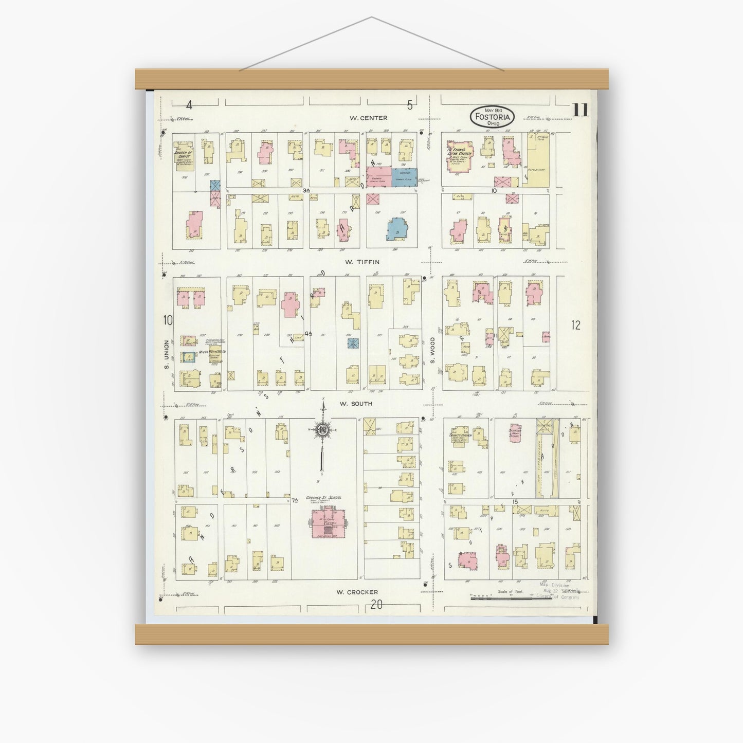 Old map wall art mockup — magnetic wood frame on white wall — Sanborn Fire Insurance Map from Fostoria, Seneca, Hancock, And Wood Counties, Ohio (1914), Sheet #0011